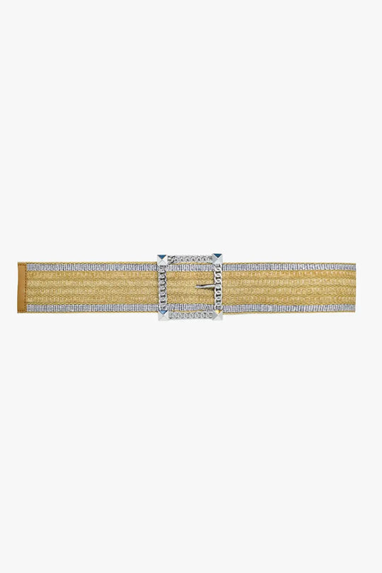 Wide beige woven belt with strass on the edges and big silver square buckle - One Size / Beige - Accesory