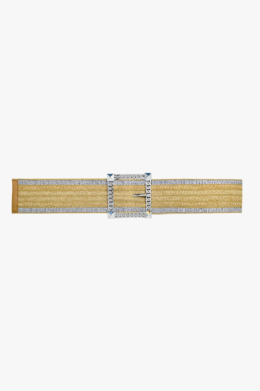 Wide beige woven belt with strass on the edges and big silver square buckle