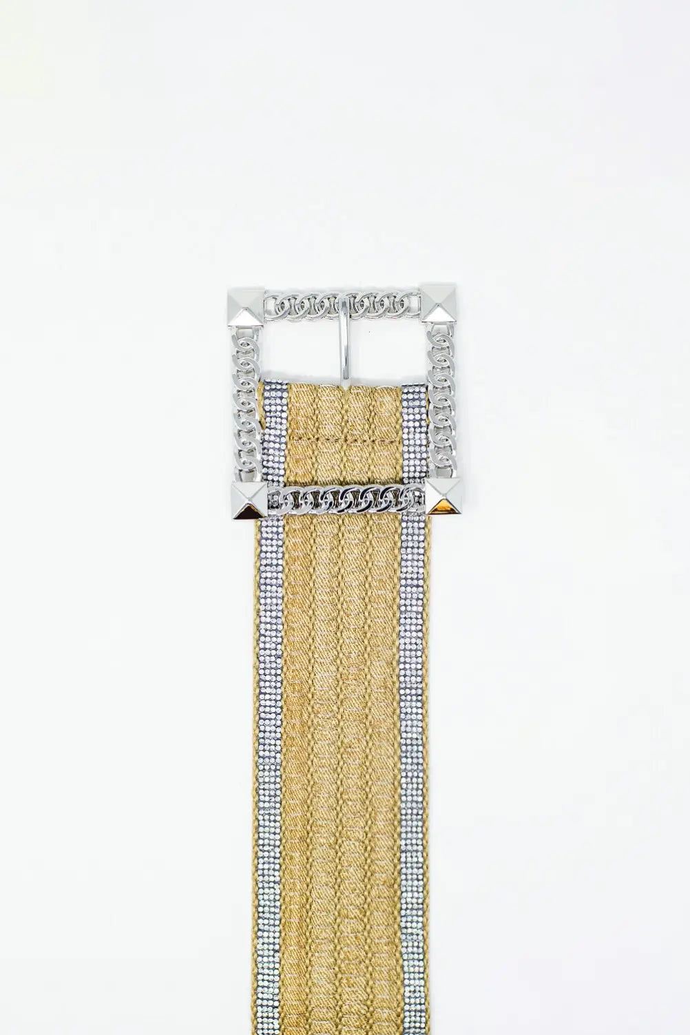 Wide beige woven belt with strass on the edges and big silver square buckle - One Size / Beige - Accesory