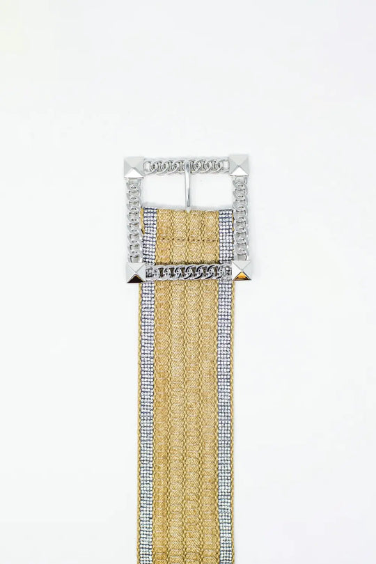 Wide beige woven belt with strass on the edges and big silver square buckle - One Size / Beige - Accesory
