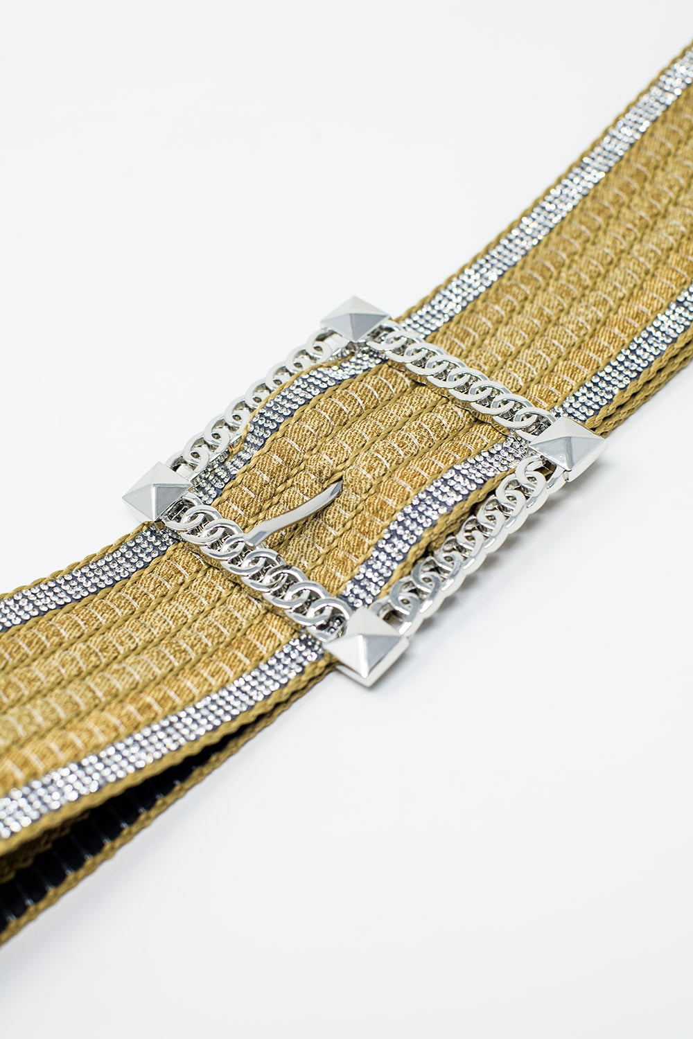 Wide beige woven belt with strass on the edges and big silver square buckle