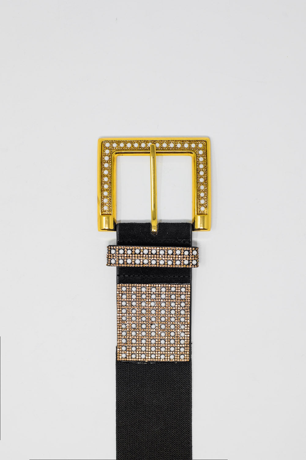 Wide Black Belt With Studded Strass Design And Squared Buckle.