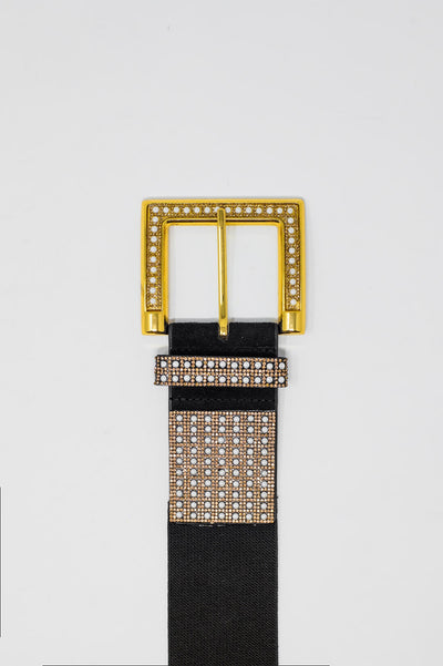 Wide Black Belt With Studded Strass Design And Squared Buckle.