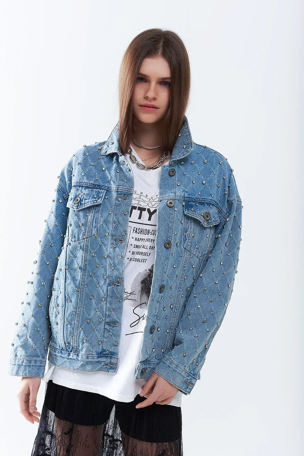 Wide denim jacket with rhinestones in a diamond pattern - Coats and Jackets