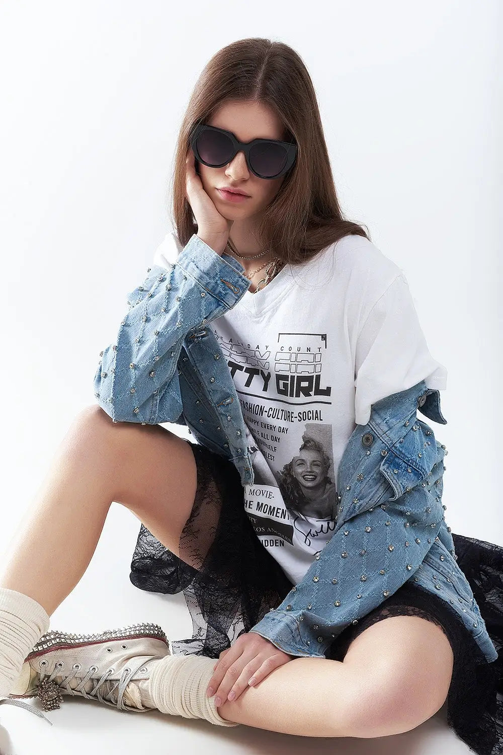 Wide denim jacket with rhinestones in a diamond pattern - Coats and Jackets