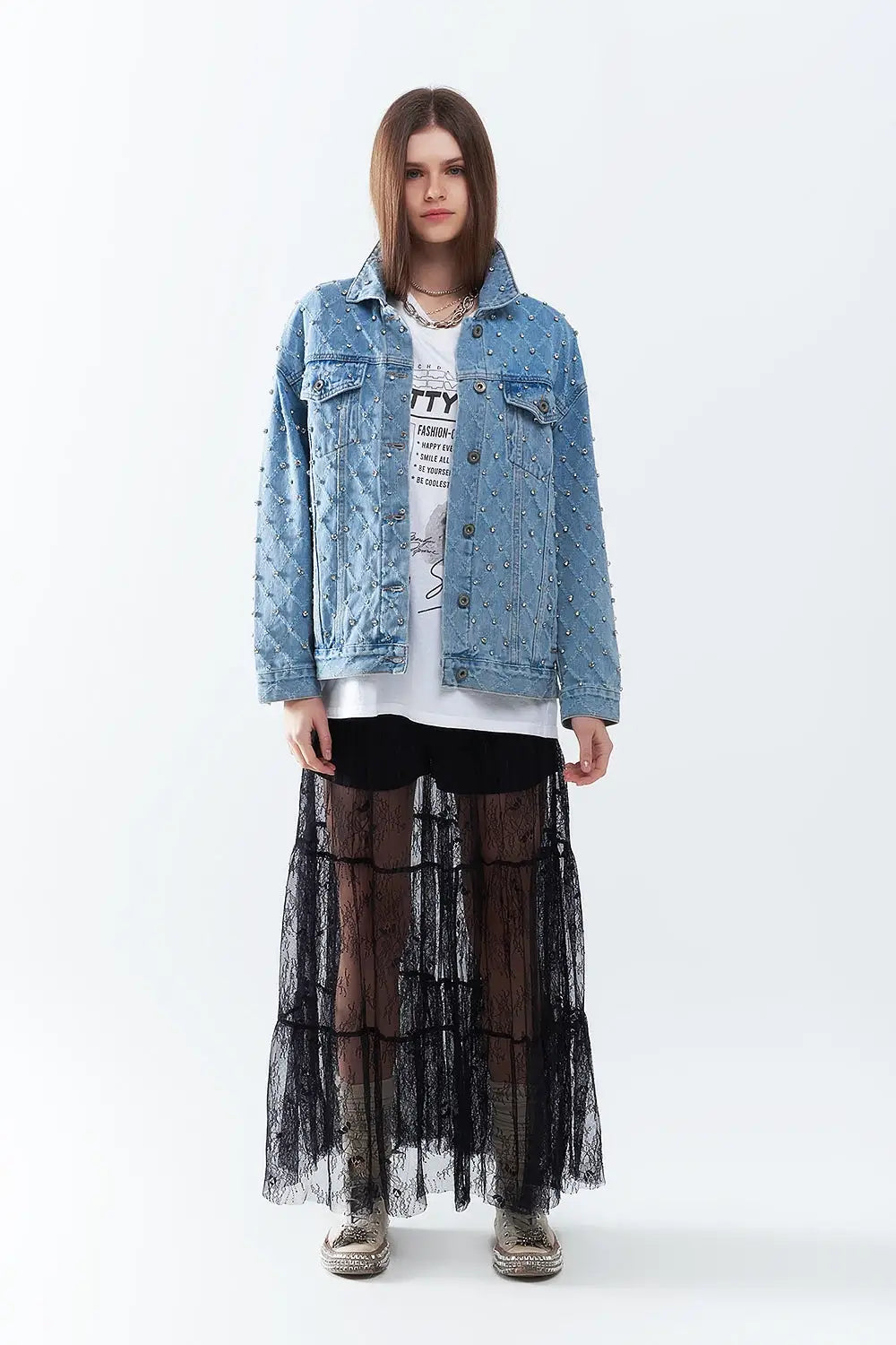 Wide denim jacket with rhinestones in a diamond pattern - Coats and Jackets