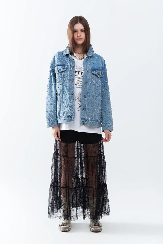 Wide denim jacket with rhinestones in a diamond pattern - Coats and Jackets