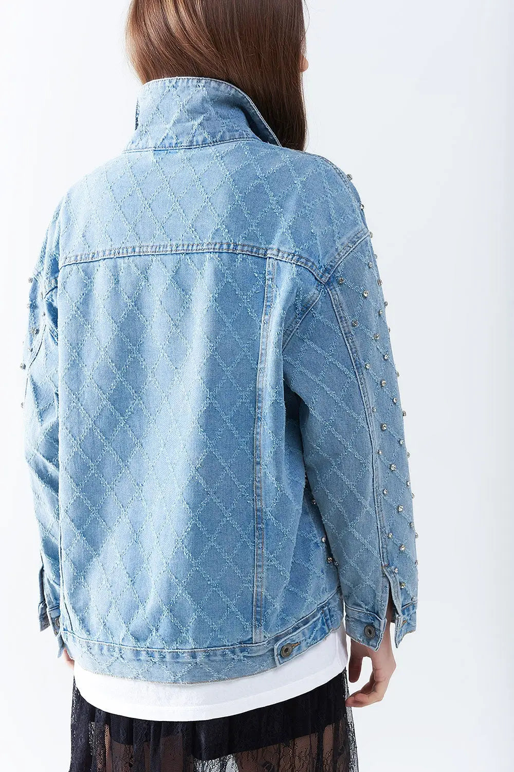 Wide denim jacket with rhinestones in a diamond pattern - Coats and Jackets