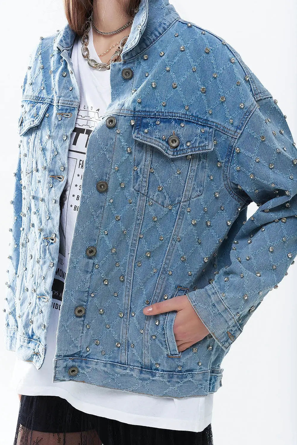 Wide denim jacket with rhinestones in a diamond pattern - Coats and Jackets