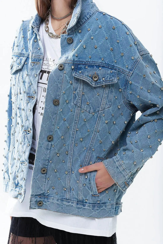 Wide denim jacket with rhinestones in a diamond pattern - Coats and Jackets