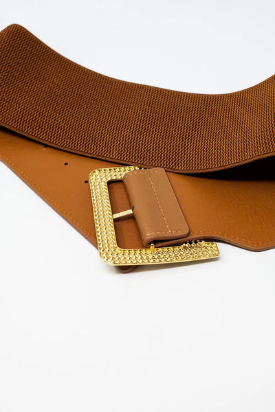 Wide elastic brown belt with rhinestone details - One Size / Brown - Accesory