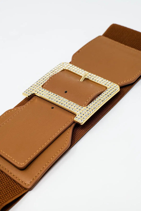 Wide elastic brown belt with rhinestone details - One Size / Brown - Accesory
