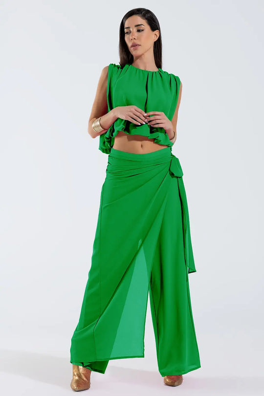 Wide green Pants Overlay Skirt Tied At The Side - Pants