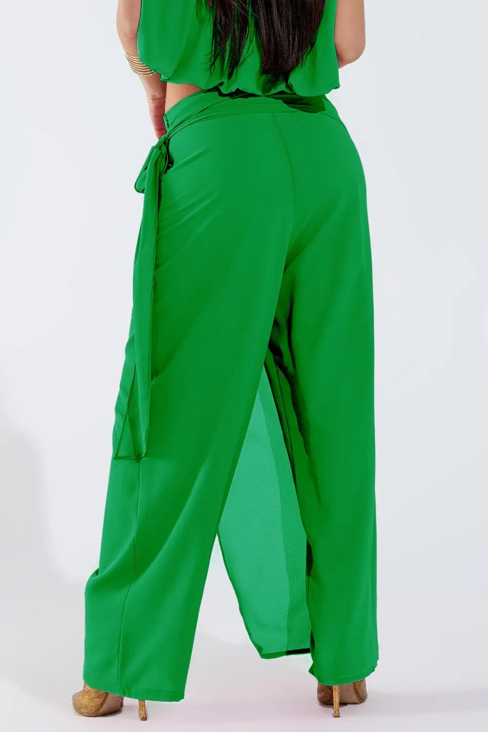 Wide green Pants Overlay Skirt Tied At The Side - Pants