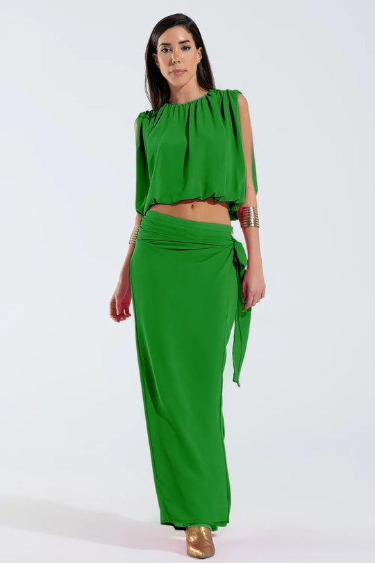 Wide green Pants Overlay Skirt Tied At The Side - Pants