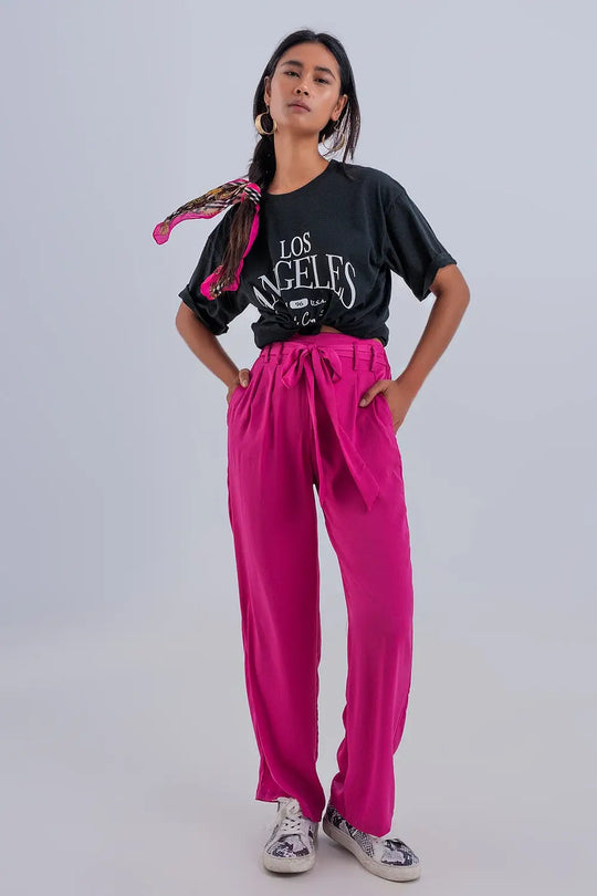 Wide leg belted pants in fuchsia - Pants