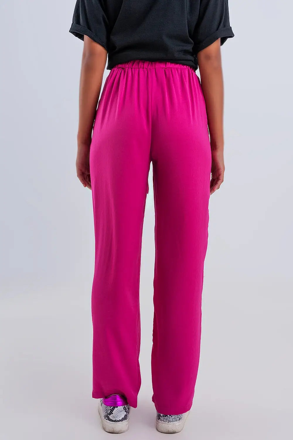 Wide leg belted pants in fuchsia - Pants