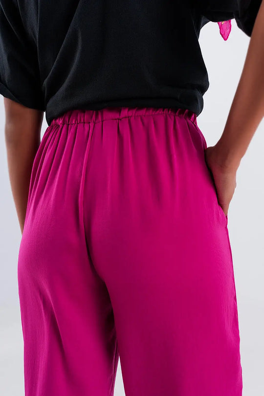 Wide leg belted pants in fuchsia - Pants