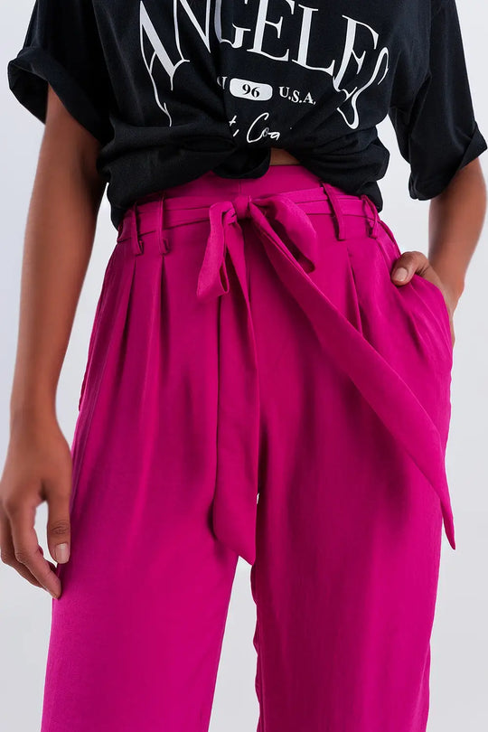 Wide leg belted pants in fuchsia - Pants