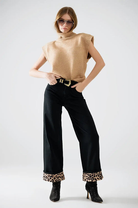 Wide leg black pants with leopard print at the bottom - Jeans