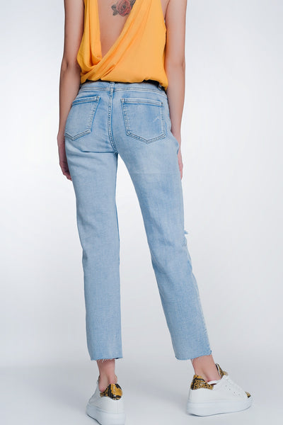 wide leg cropped raw hem jeans in blue colour