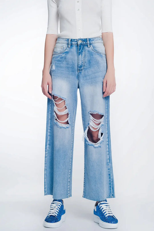 Q2 wide leg cropped raw hem jeans in light blue