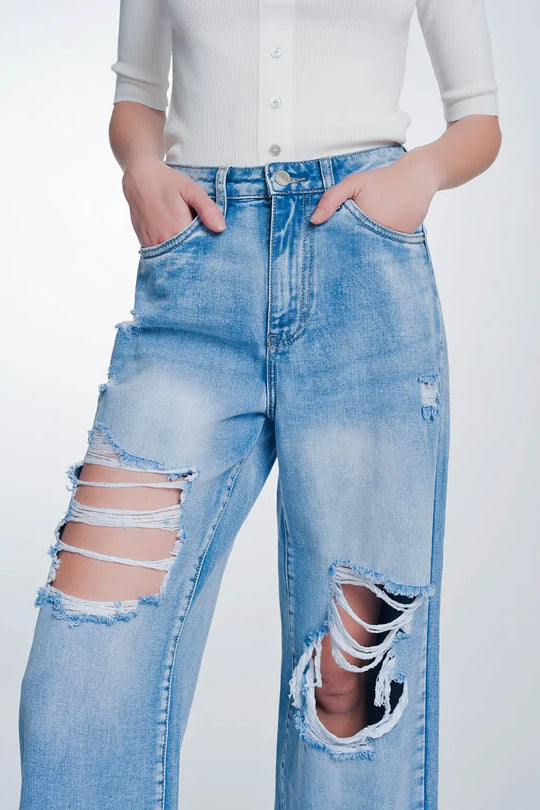 wide leg cropped raw hem jeans in light blue - Jeans