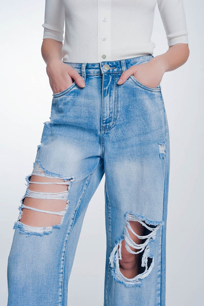 wide leg cropped raw hem jeans in light blue