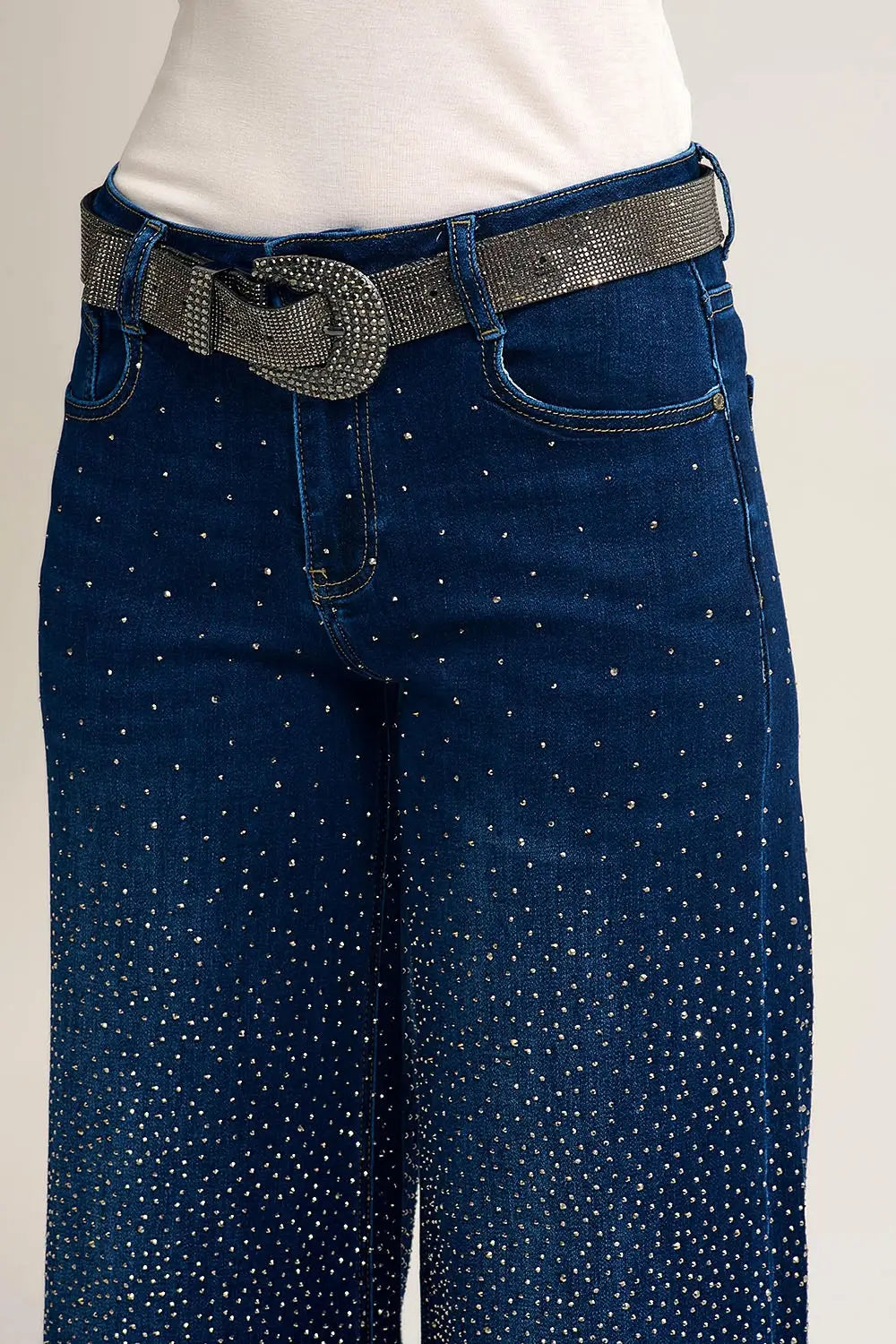 Wide Leg Denim Jeans with Rhinestone Detailing Front and Back - Jeans