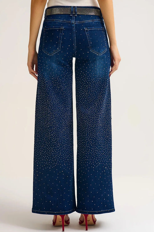 Wide Leg Denim Jeans with Rhinestone Detailing Front and Back - Jeans