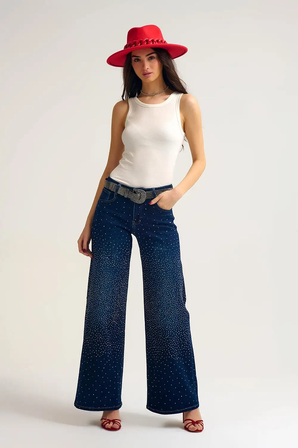 Wide Leg Denim Jeans with Rhinestone Detailing Front and Back - Jeans