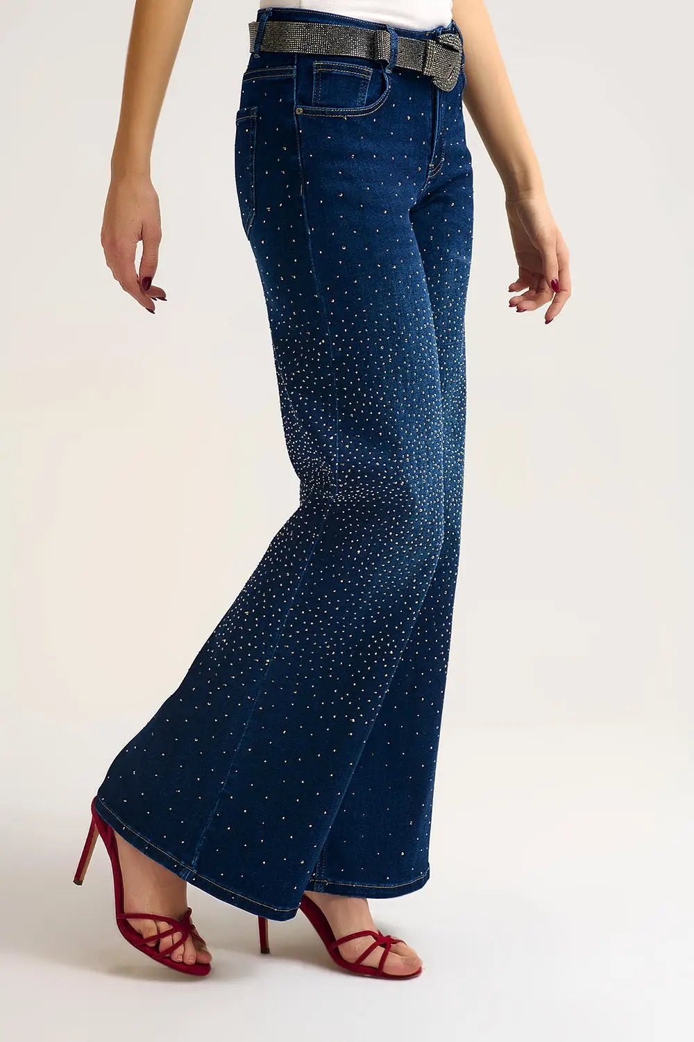 Wide Leg Denim Jeans with Rhinestone Detailing Front and Back - Jeans