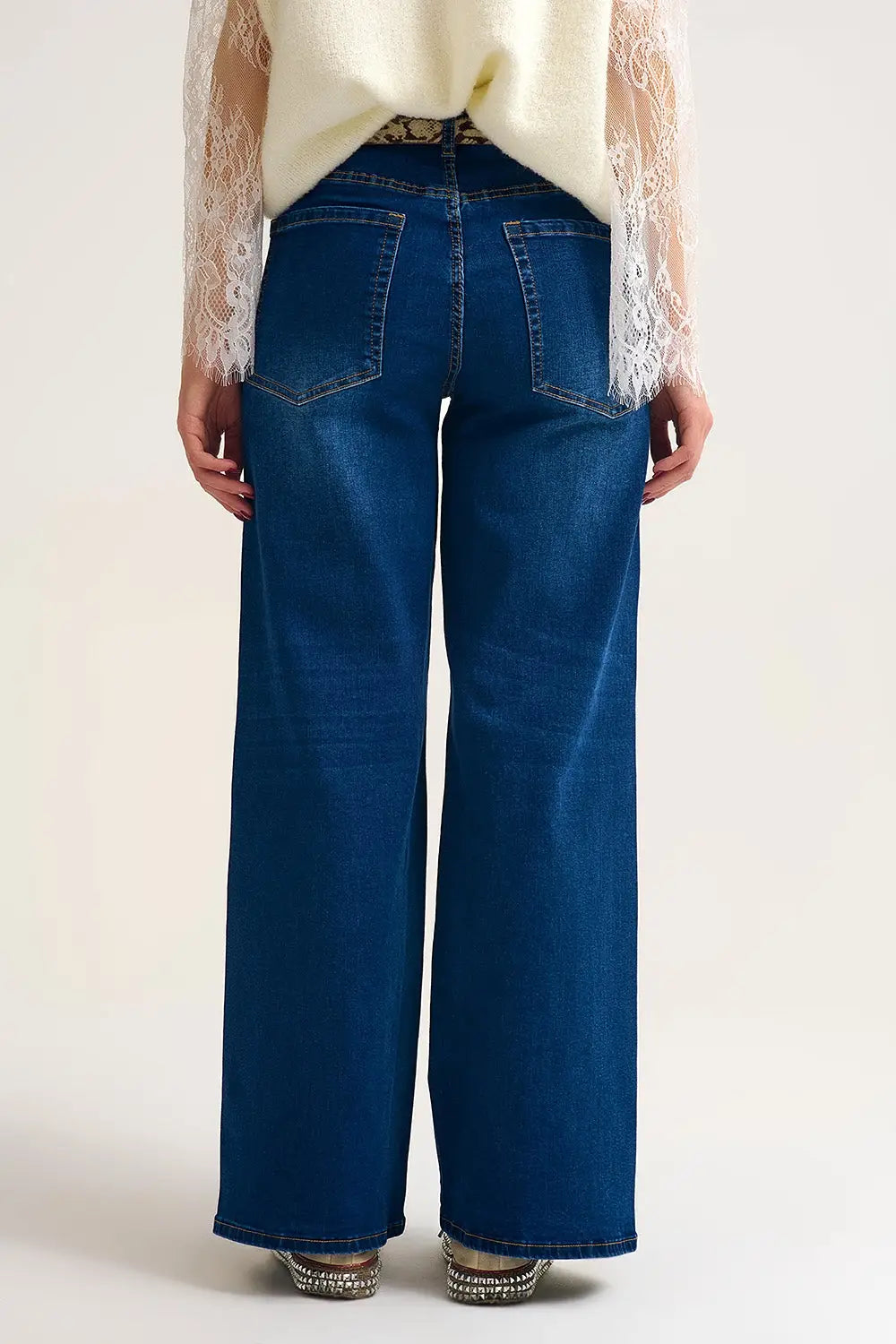Wide Leg Denim Jeans with Rhinestone Detailing Front - Jeans