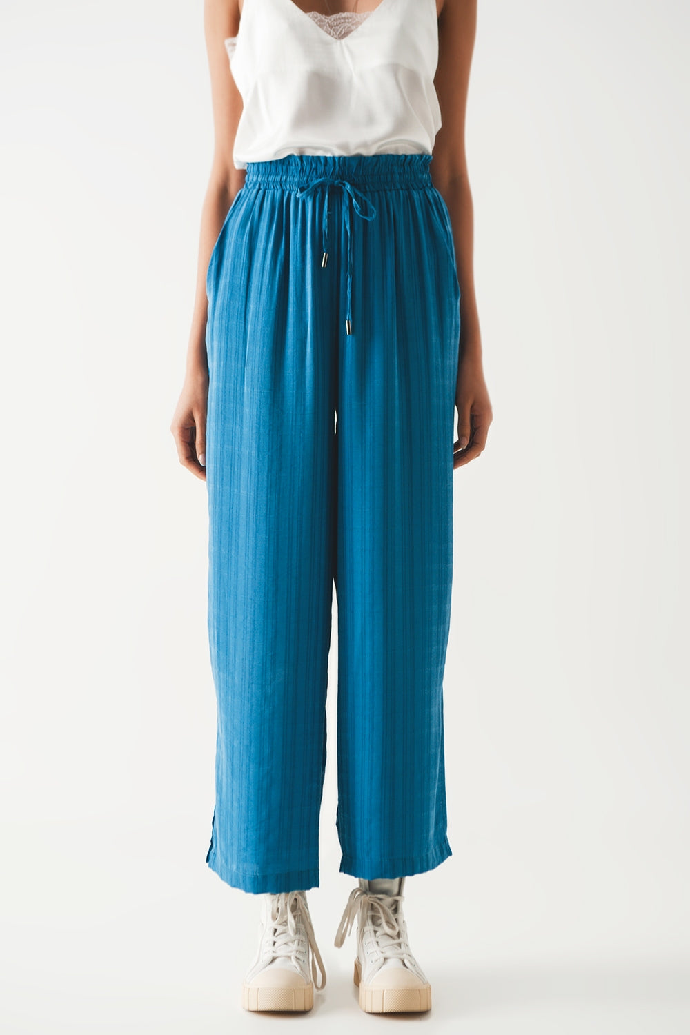 wide leg drawstring pants in blue