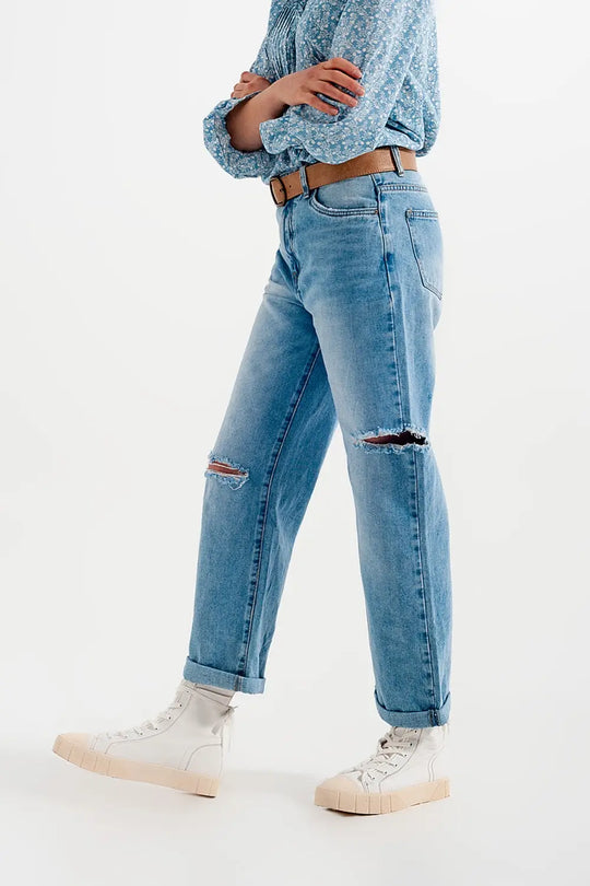 Wide leg jean with knee rips washed blue - Jeans