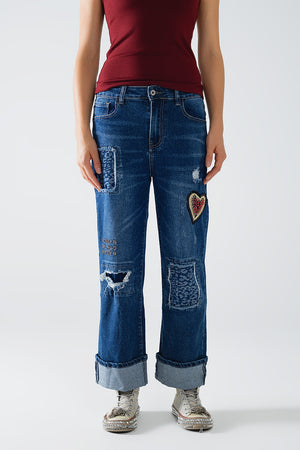 Q2 Wide leg jeans embellished with some patches