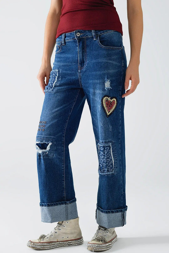 Wide leg jeans embellished with some patches - Jeans