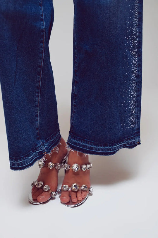 Wide Leg Jeans With Diamante Details on the Side in Mid Wash - Jeans