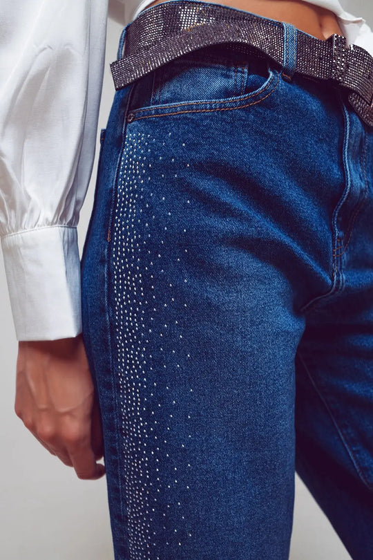 Wide Leg Jeans With Diamante Details on the Side in Mid Wash - Jeans