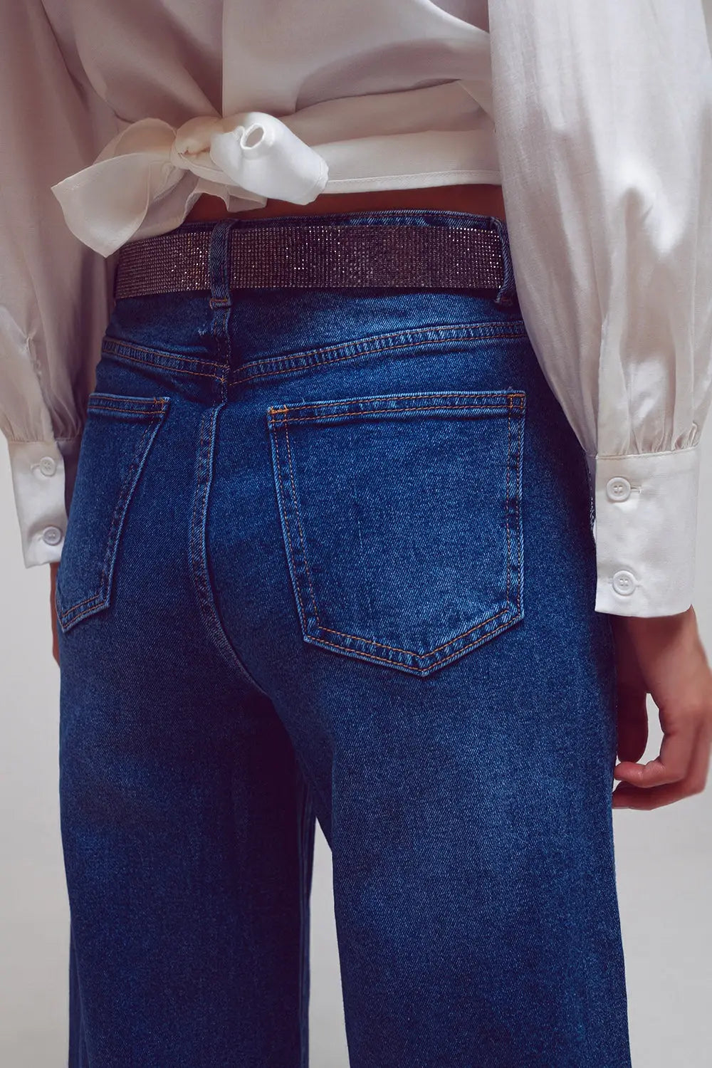 Wide Leg Jeans With Diamante Details on the Side in Mid Wash - Jeans