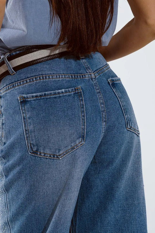 Wide Leg Jeans With Exposed Buttons And Stras Details in Mid Wash - Jeans