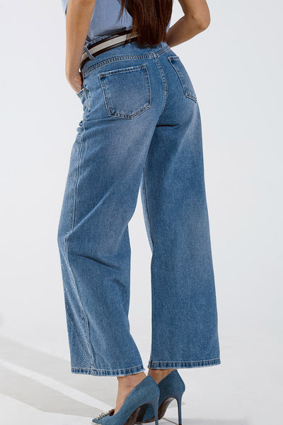 Wide Leg Jeans With Exposed Buttons And Stras Details in Mid Wash