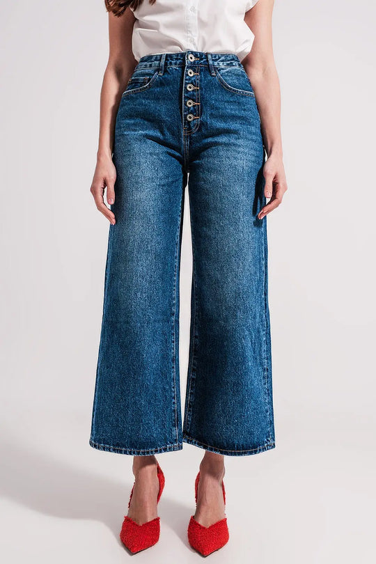 Wide leg jeans with exposed buttons - Jeans