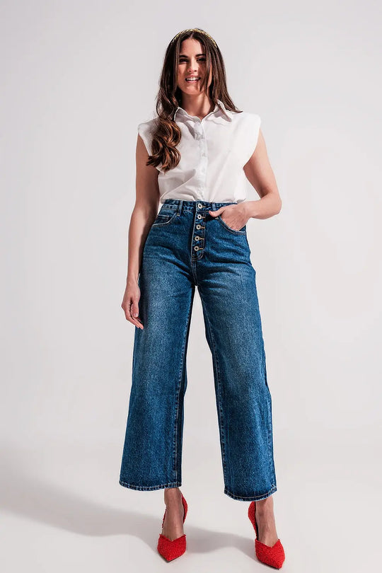 Wide leg jeans with exposed buttons - Jeans