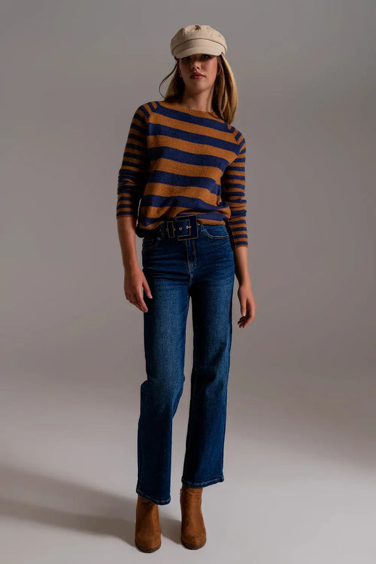 Wide Leg Jeans With Hem Detail in Dark Wash - Jeans