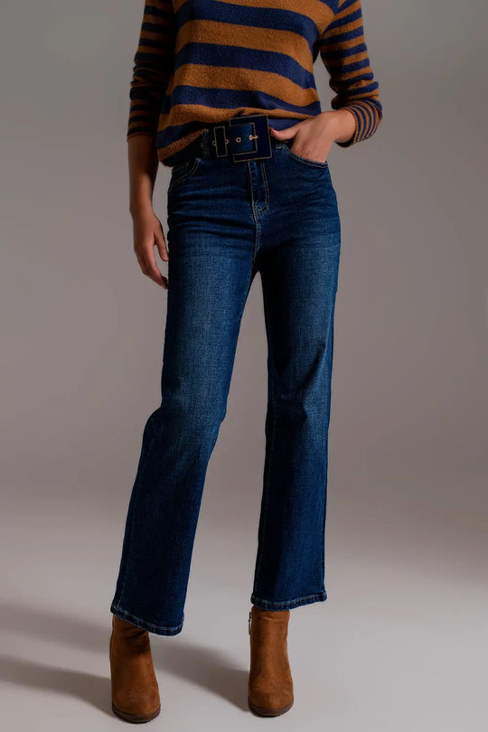 Wide Leg Jeans With Hem Detail in Dark Wash - Jeans