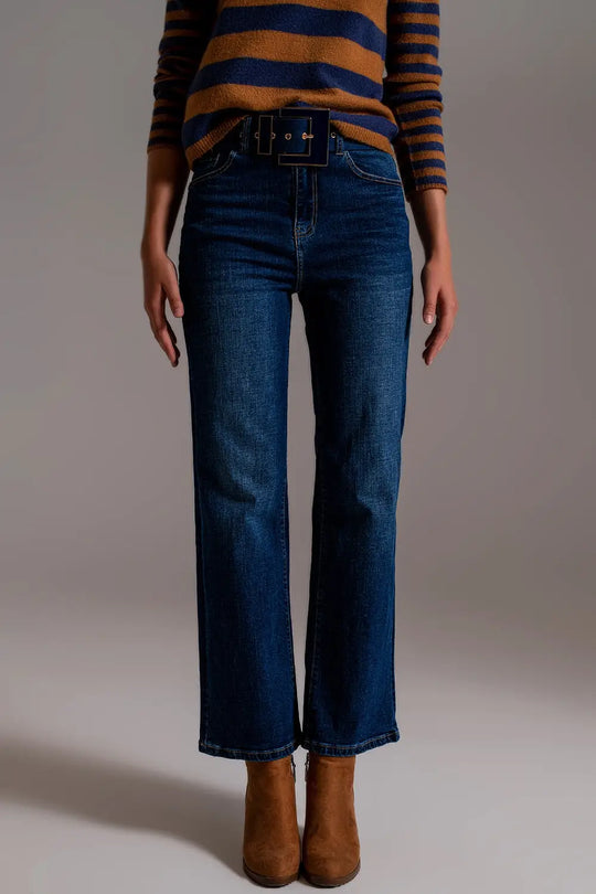 Wide Leg Jeans With Hem Detail in Dark Wash - Jeans