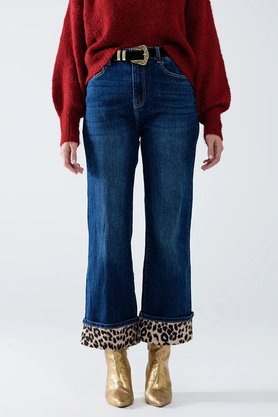 Wide Leg Leopard Cuff Jeans - Jeans