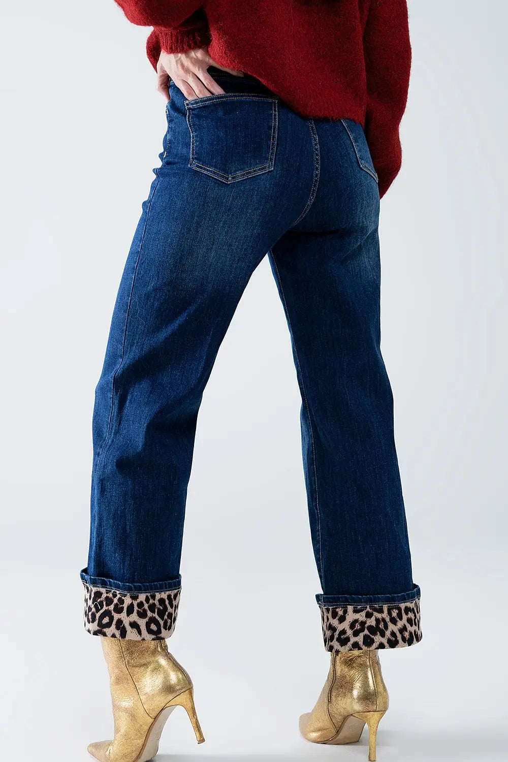 Wide Leg Leopard Cuff Jeans - Jeans