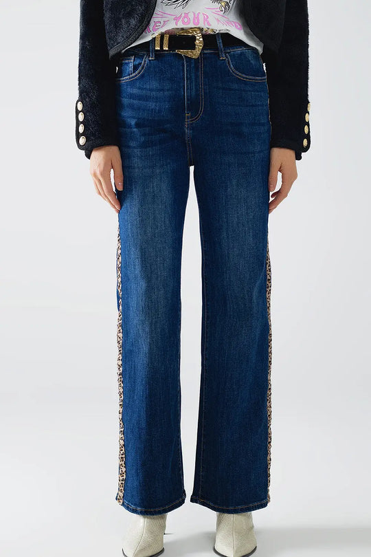 Wide Leg Jeans with Leopard Stripe on Side - Jeans